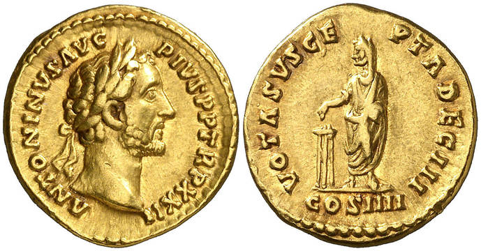 Un áureo de Antonino Pio emitido entre los años 158-159 d.C. y vendida por 3.000 euros en el portal Numibids.