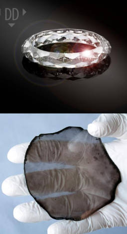Abajo, la placa de diamante CVD de 150 quilates creada en un laboratorio. Arriba, el resultado final. 
