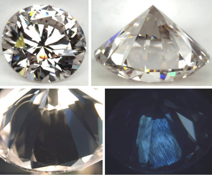 El diamante sintético de 3 quilates analizado en el laboratorio. En la imagen inferior izquierda, inclusiones en forma de puntos, visibles con la lupa. 