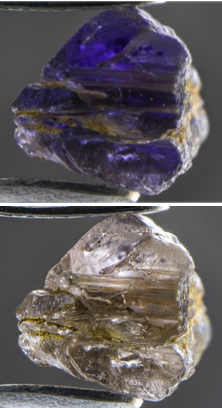 La Johnkoivulaita muestra un fuerte pleocroísmo, que se vuelve violeta (izquierda) a casi incoloro (derecha) cuando se examina con luz polarizada. Campo de visión: 10.05 mm. Fotomicrografías de Nathan Renfro / GIA.