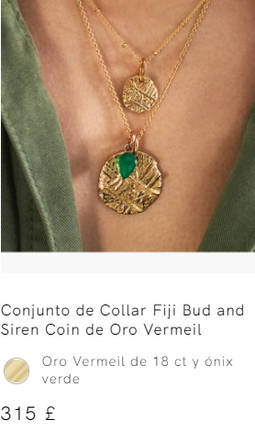 Detalle de una de las piezas en las que se publicita como Joyas de Oro Vermeil, cuando en realidad se trata de chapados.
