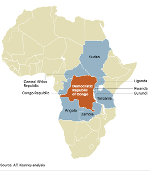 La República Democrática del Congo y los países aledaños son el principal foco de conflicto para los metales. 