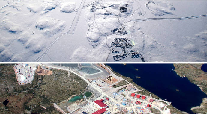 Dos imágenes de la misma explotación, una en verano y la otra durante el extremo invierno polar.