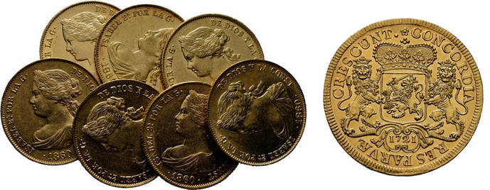 5264. Lote de conjunto de 7 piezas de Isabel II de 100 reales. Salida 1.500 euros y Lote 5137. 10 ducados de Holanda. 1721. Salida. 3.500 euros