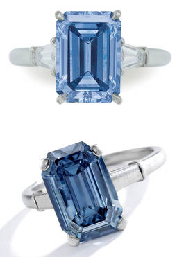 Arriba: Diamante azul de 3,09 quilates vendido en Christies por 5,4 millones de dólares. Abajo: Diamante azul de 3,47 quilates vendido en Sothebys por 
