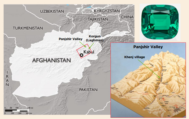 El mapa de la izquierda (© USAID) muestra la ubicación de los depósitos de esmeraldas en el valle de Panjshir y cerca de Korgun
(Provincia de Laghman) en el noreste de Afganistán. El mapa de bloques tridimensional de la derecha (cortesía de WikiCommons) es
mirando hacia el valle de Panjshir, que se extiende unos 100 km hacia el noreste. El área minera de esmeraldas de Panjshir es
ubicado aguas arriba de la aldea de Khenj, que está a unos 115 km de Kabul