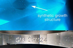 Arriba, estructura de crecimiento típica de los diamantes sintéticos. Abajo, número de certificado GIA en el filetín. Foto: GIA