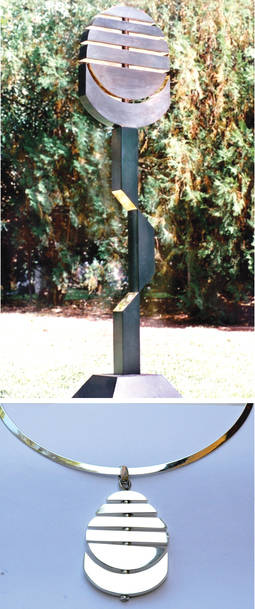 Dos interpretaciones del mismo motivo: Arriba a la derecha, escultura Sol Naciente, en chapa de bronce. Abajo, colgante en plata del mismo título. 