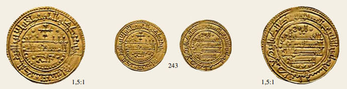 Morabetino de oro, 1217-1255 (reinado de Enrique I). La imitación de la estética árabe era muy popular, como parte también de la estrategia propagandística de la Reconquista. 