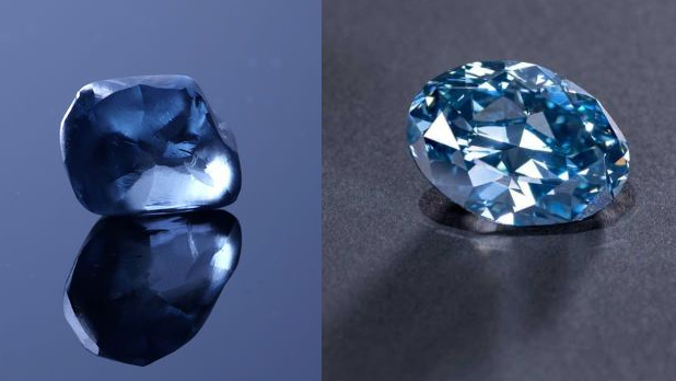 El diamante en bruto, a la izquierda, junto al resultado tras su corte y pulido. 