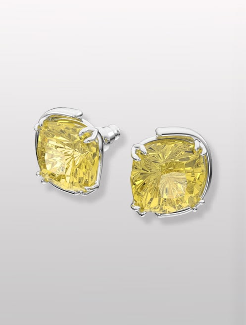 Pendientes stud Harmonia, cristales de talla cushion, amarillo, baño de rodio Pendientes stud Harmonia, cristales de talla cushion, amarillo, baño de rodio