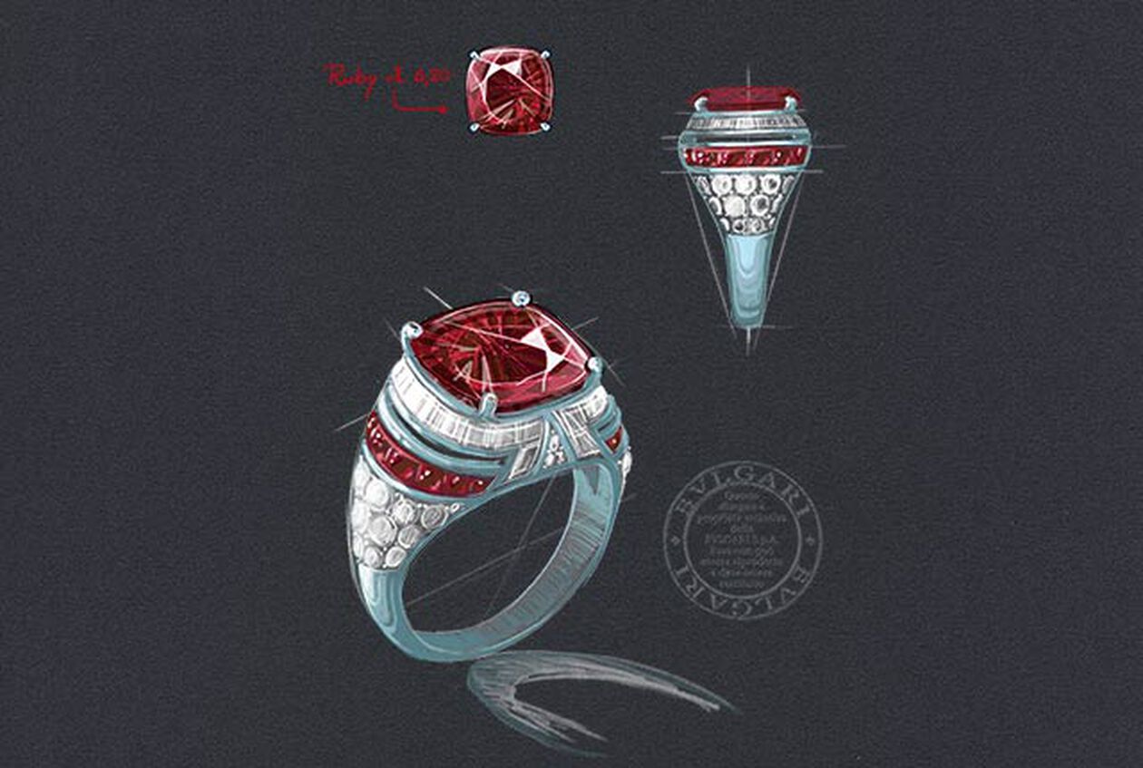 Boceto del anillo Magnifica de Alta Joyería en platino con un rubí talla cojín antiguo Pigeon's Blood, rubíes talla buff-top, diamantes talla fantasía y pavé de diamantes.