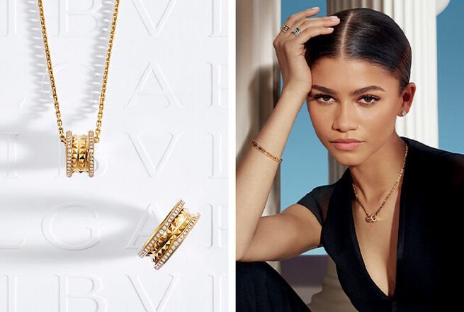 Joyas B.zero1 Rock sobre fondo blanco con logotipo Bvlgari y la embajadora Zendaya luciendo joyas B.zero1.