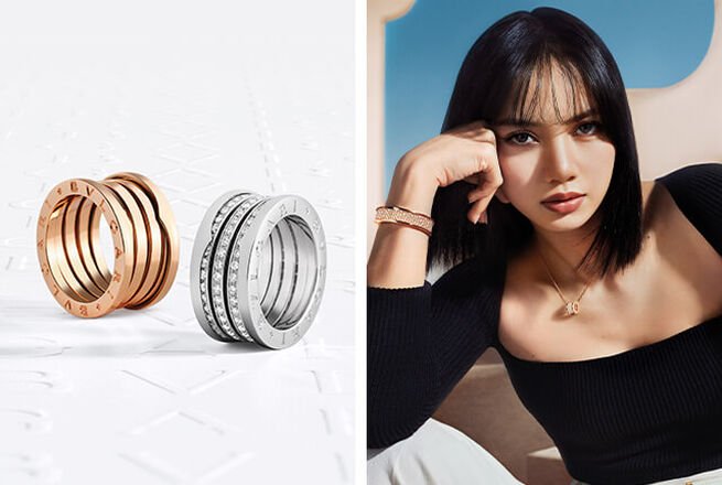 Anillos B.zero1 sobre fondo blanco con logotipo Bvlgari y la embajadora de Bvlgari Lisa luciendo joyas B.zero1.
