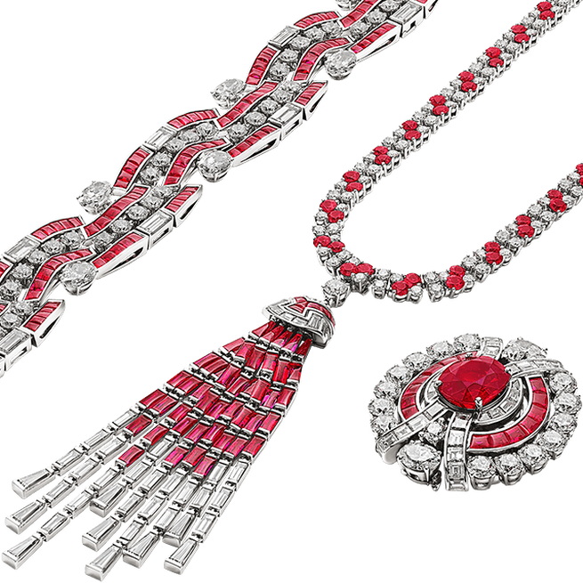 Gargantilla Magnifica de Alta Joyería en platino, collar con borla y broche, con diamantes y rubíes engastados.