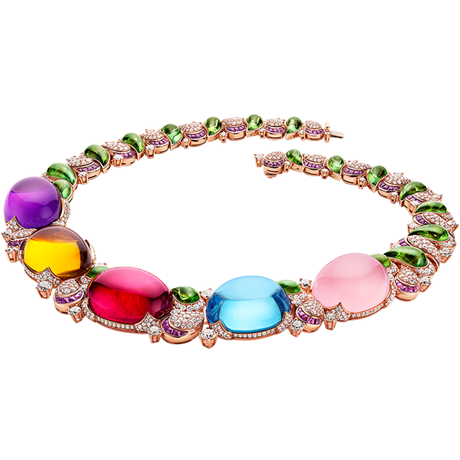 Collar Magnifica de Alta Joyería en oro rosa con amatista, citrino, rubelita, topacio azul y cuarzo rosa talla cabujón, diamantes e inserciones de turmalina verde.
