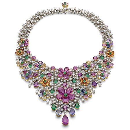 Necklace in gold with multicolor sapphires, mandarin garnets, emeralds and diamonds, 2009.
