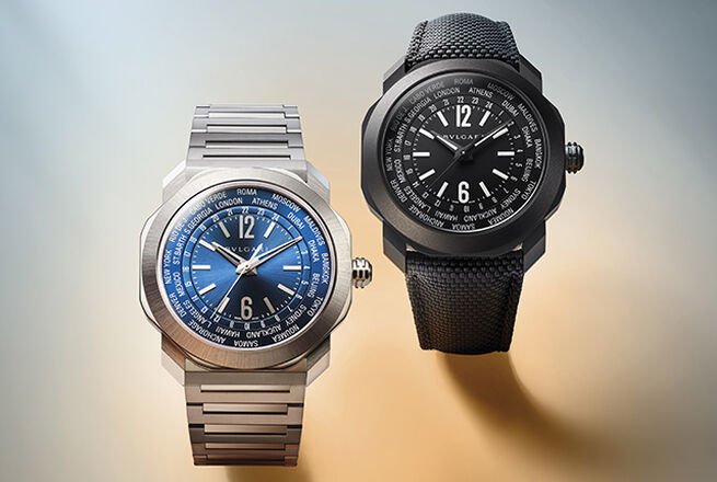 Reloj Octo Roma WorldTimer en acero con esfera azul, y primer plano del mismo reloj en acero con tratamiento DLC (Diamond Like Carbon, carbono diamantino).